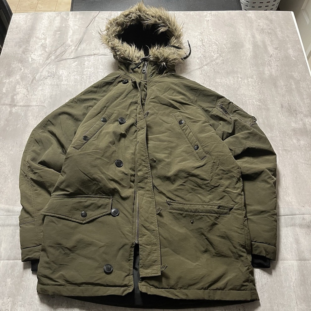 Vintage Y2K Old Navy Jacket Size Medium Fur Hood Fur Lined Mallcore Green Button